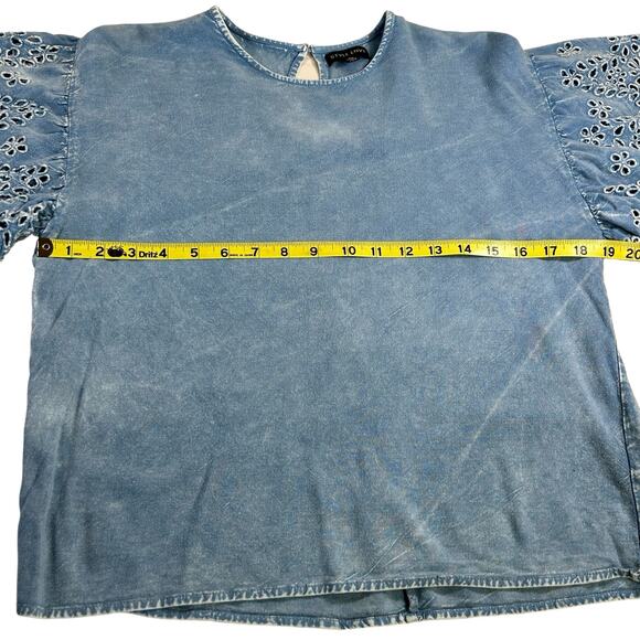 Style Envy Top Women Size XL Blue Dye Wash Rayon Eyelets Flatter Sleeves Blouse - Picture 11 of 12